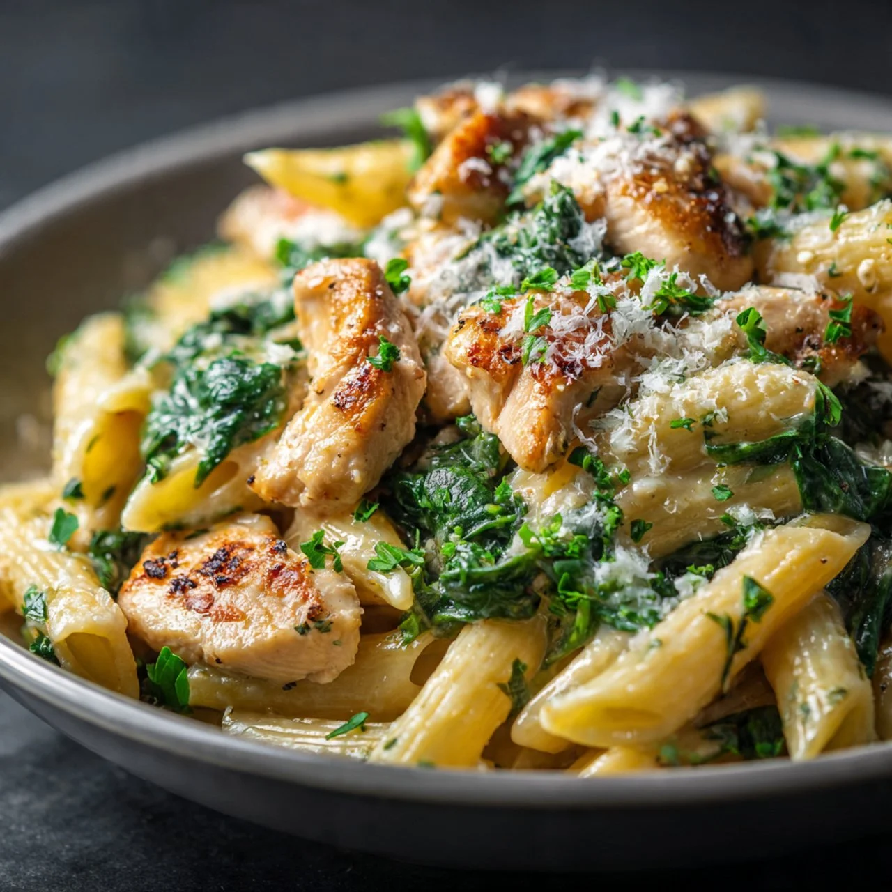 Healthy garlic parmesan chicken pasta dish with chicken, pasta, and garlic sauce