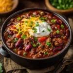 Bowl of hearty crockpot chili topped with cheese and cilantro.