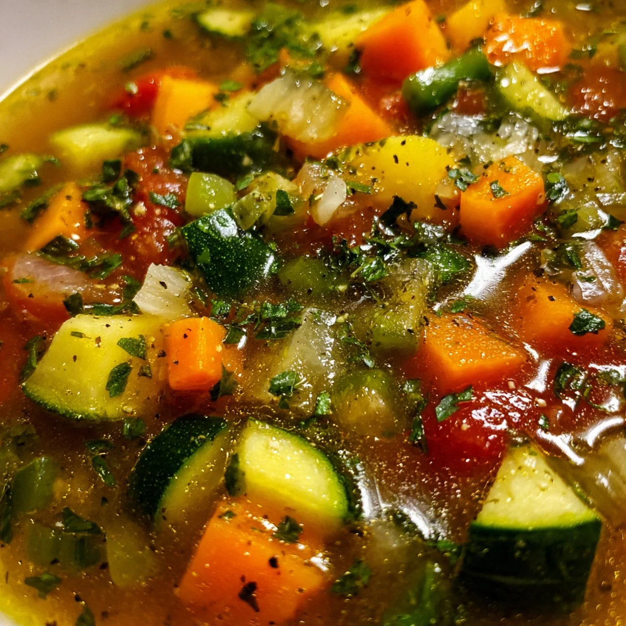 Bowl of hearty vegetable soup with fresh vegetables and herbs
