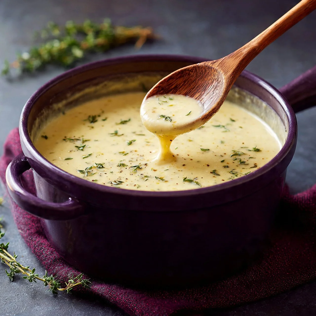 Bowl of homemade cream of chicken soup with herbs and vegetables