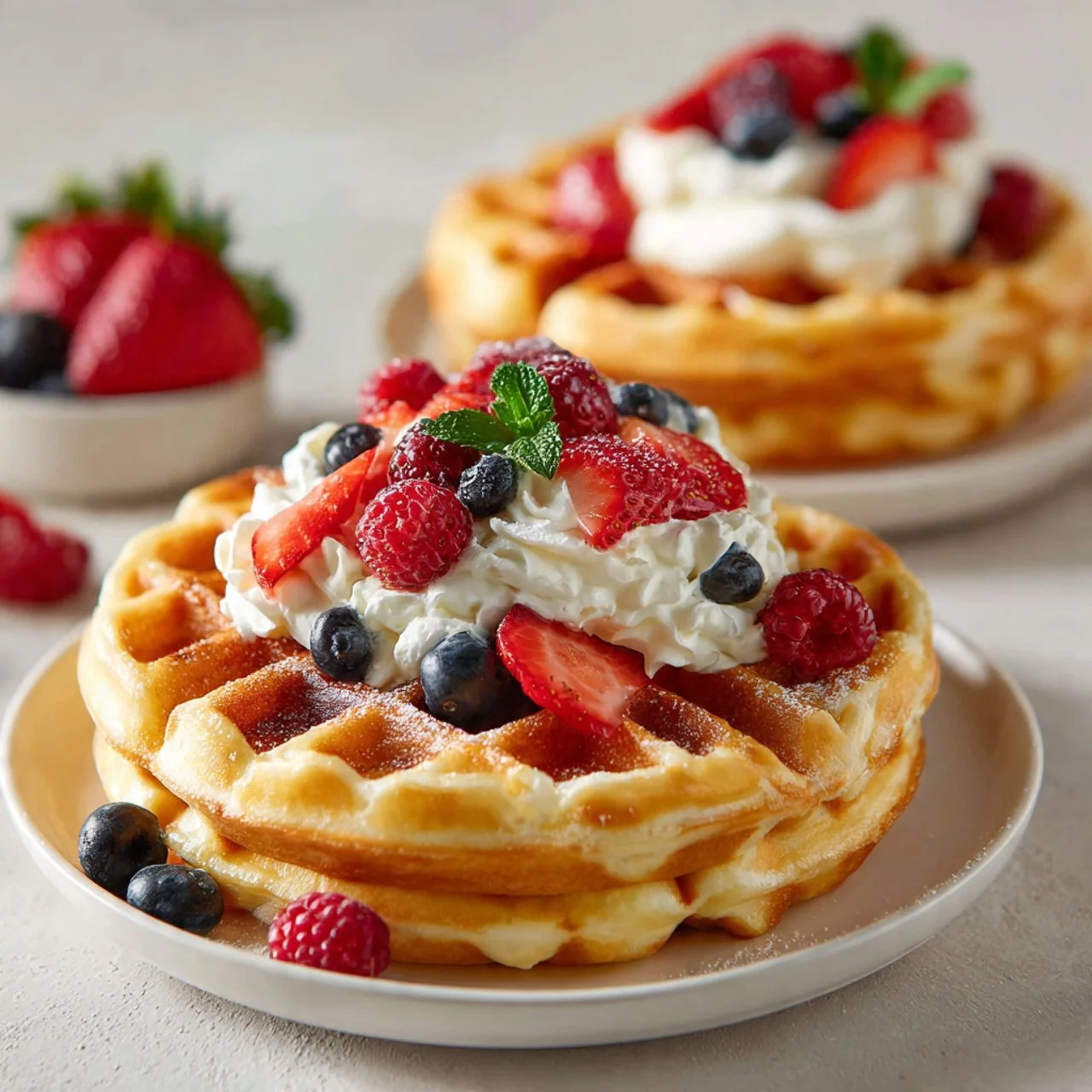 Delicious fluffy sourdough waffles topped with berries and syrup