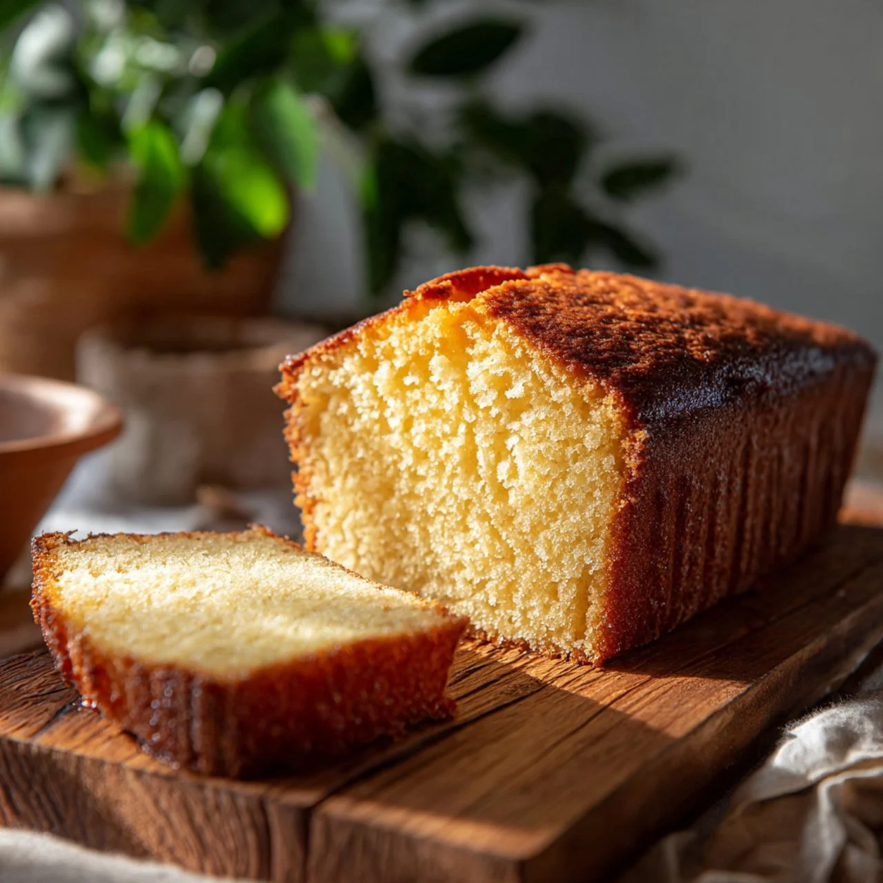 Lemon cake with a shiny glaze on top, served on a white plate.