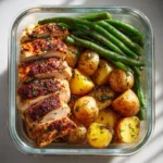 Lemon garlic chicken meal prep with herbs and vegetables.