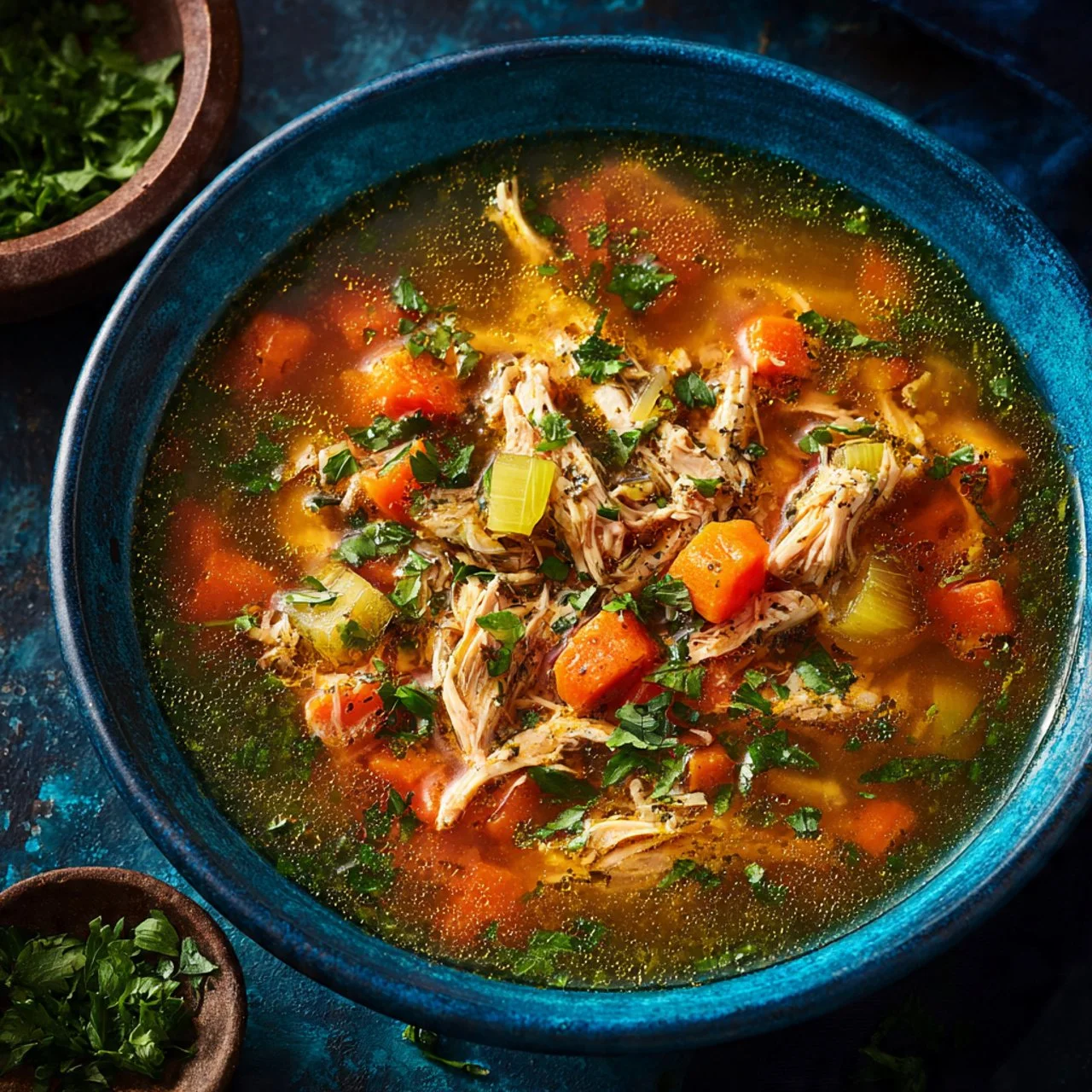 Bowl of Mediterranean Chicken Soup with fresh herbs and vegetables