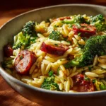 One-Pan Creamy Orzo with Chicken Sausage and Broccoli in a skillet