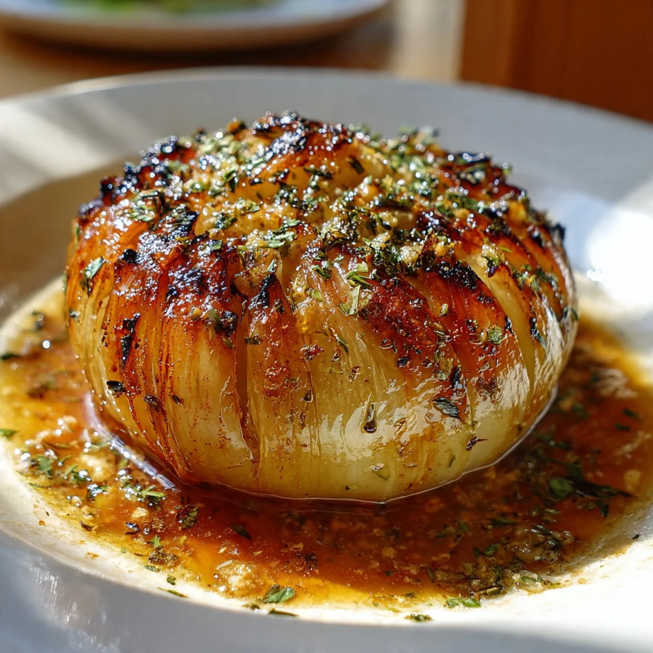 Delicious onion bake with butter and herbs, fresh from the oven.