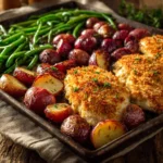 Parmesan Crusted Chicken served with vegetables on a sheet pan dinner