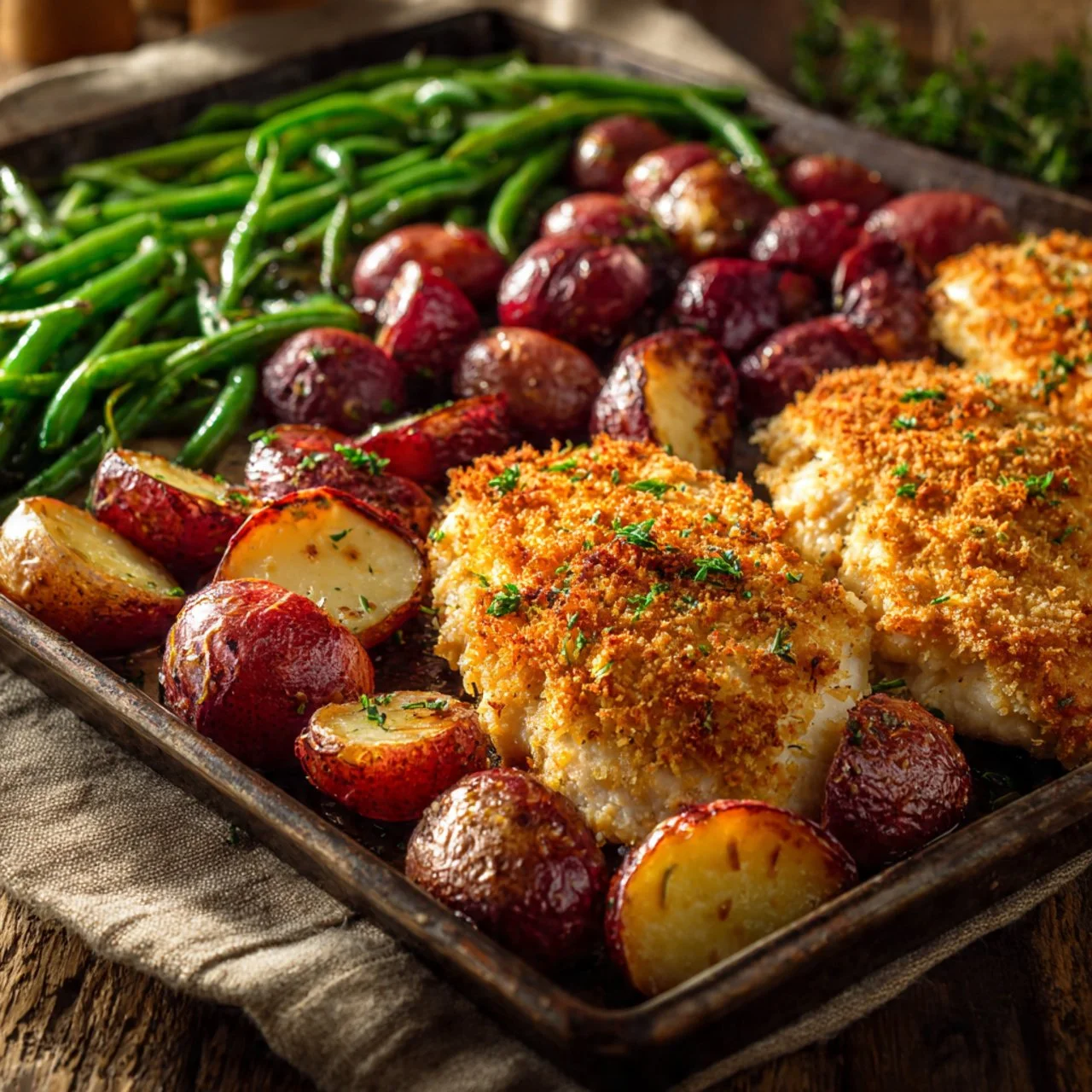 Parmesan Crusted Chicken served with vegetables on a sheet pan dinner
