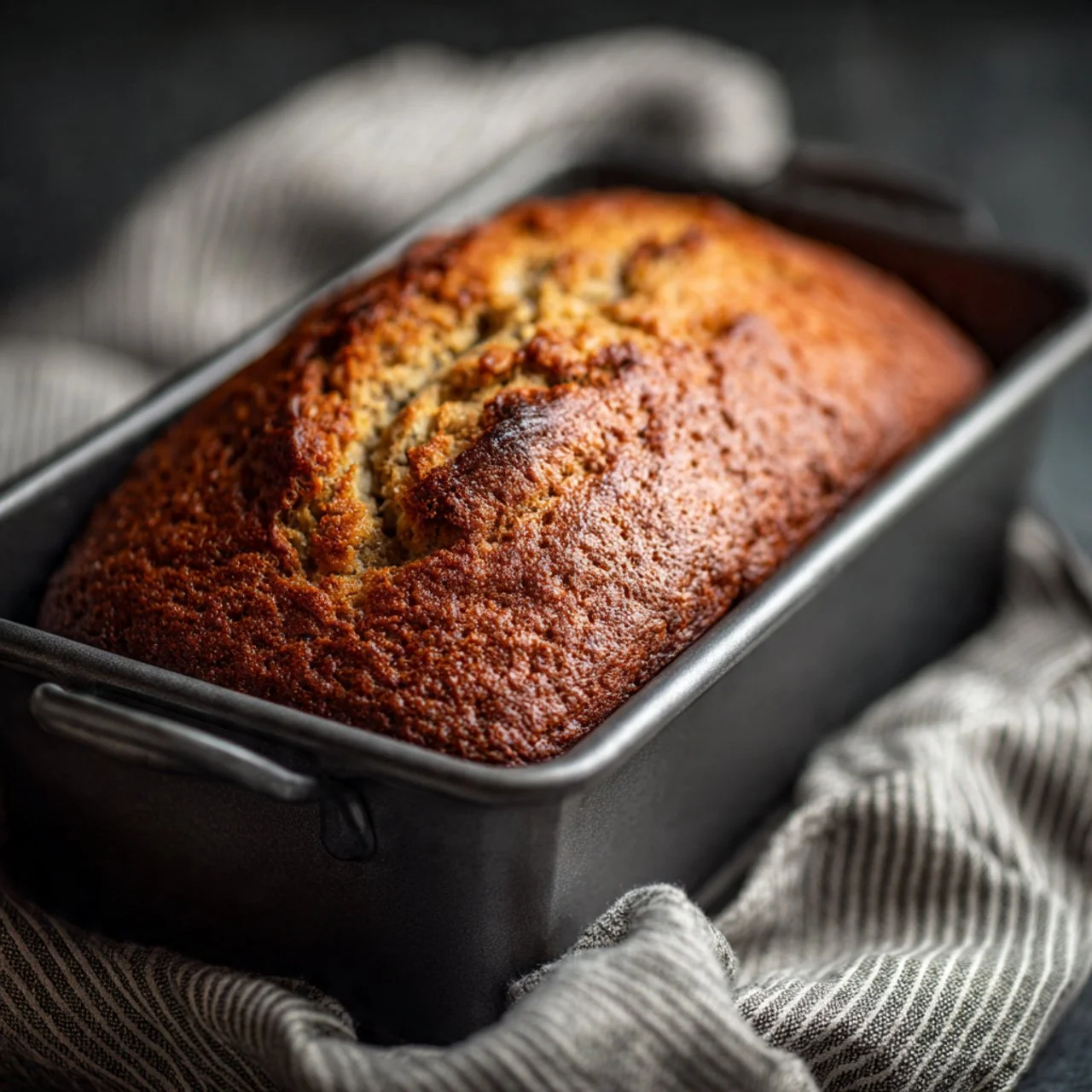 Loaf of homemade sourdough banana bread with slices on a wooden board