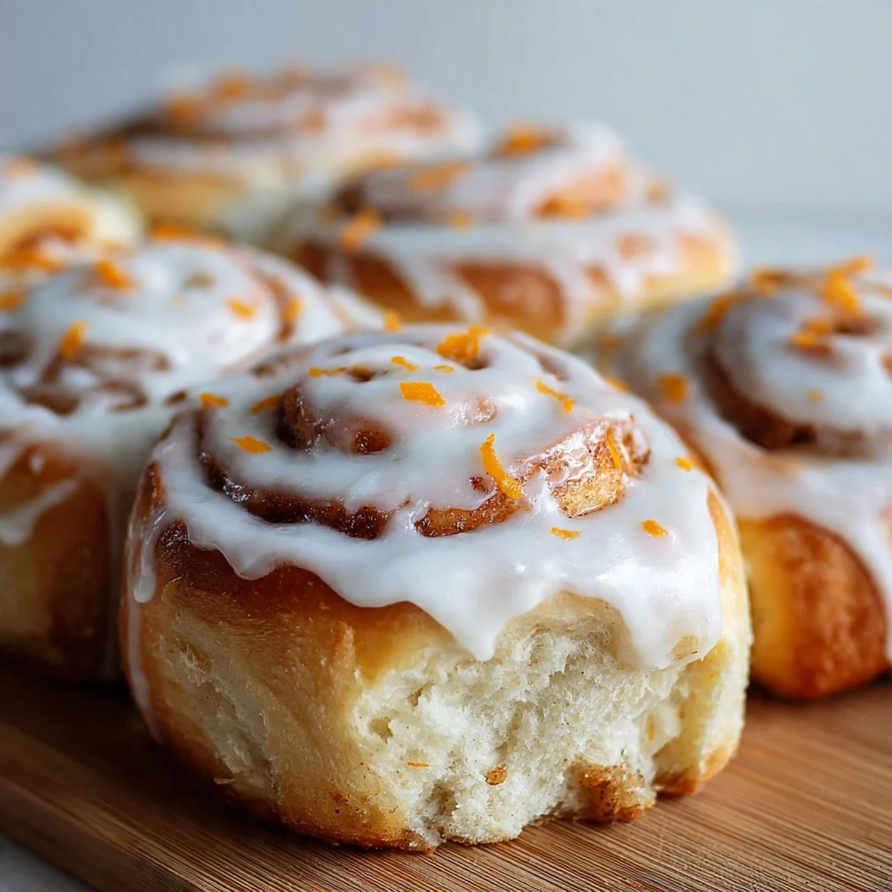 Freshly baked sourdough carrot cake cinnamon rolls topped with cream cheese icing.