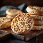 Freshly cooked sourdough crumpets on a wooden plate with butter and jam.