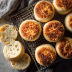 Freshly baked sourdough English muffins with a golden crust.