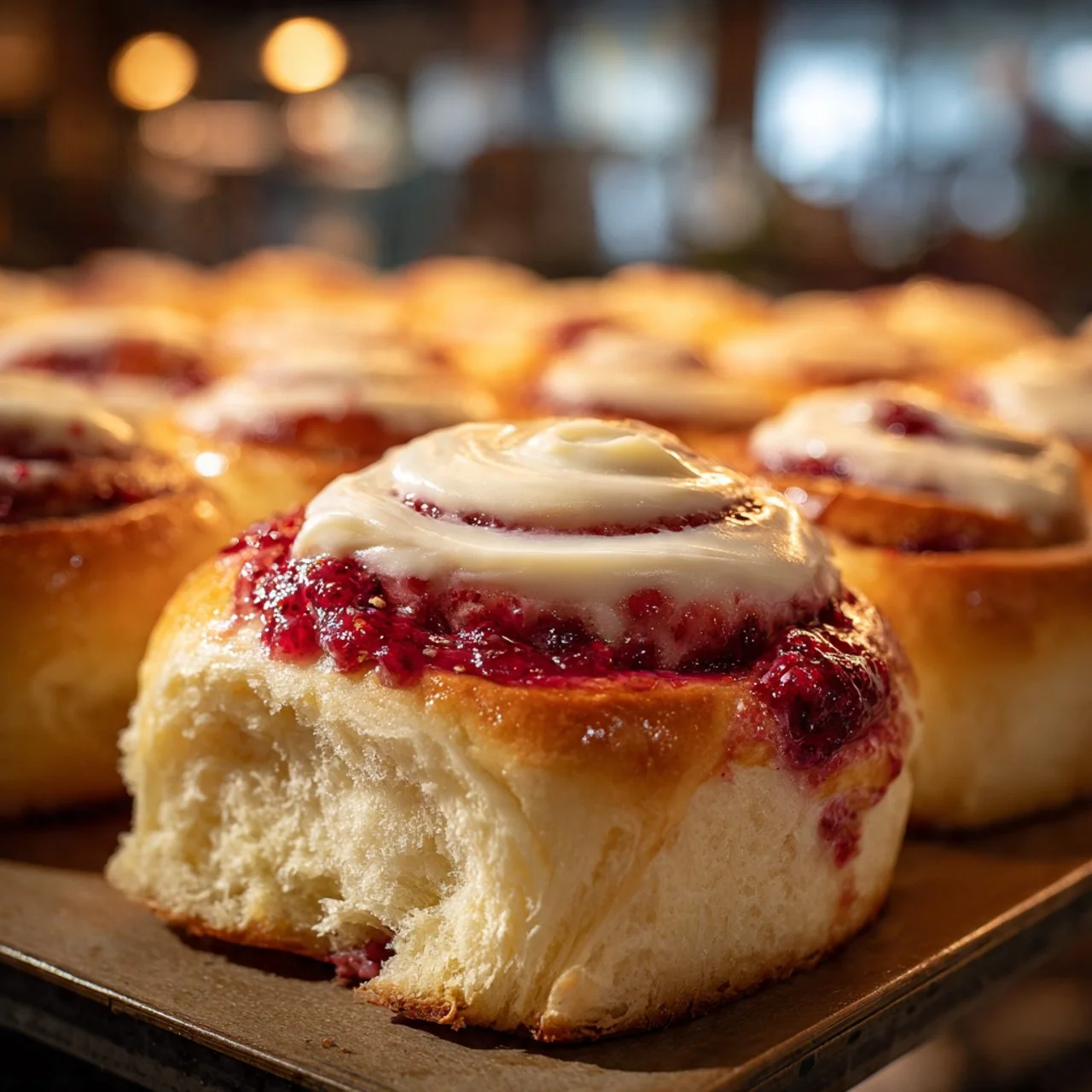 Freshly baked sourdough raspberry lemon rolls on a wooden table