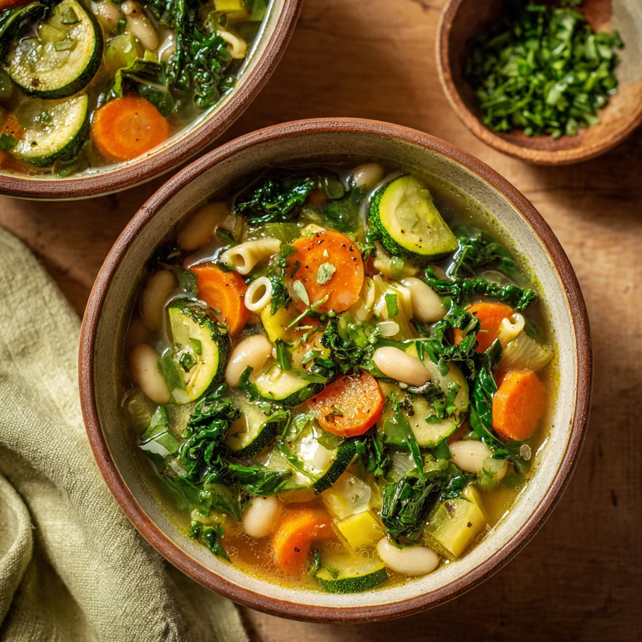 A bowl of vibrant Spring Minestrone Soup with fresh vegetables and herbs