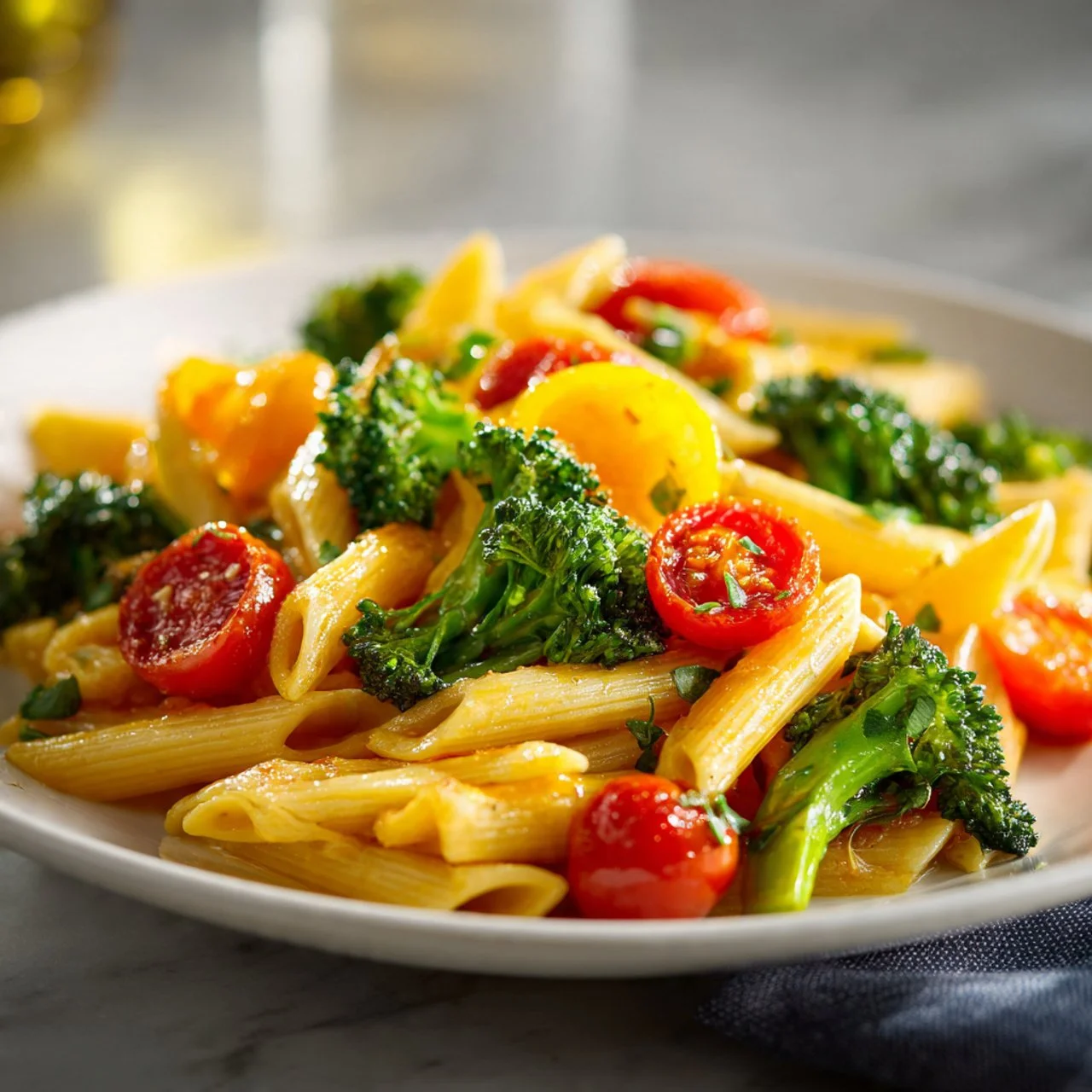 Plate of colorful spring pasta with fresh vegetables and herbs