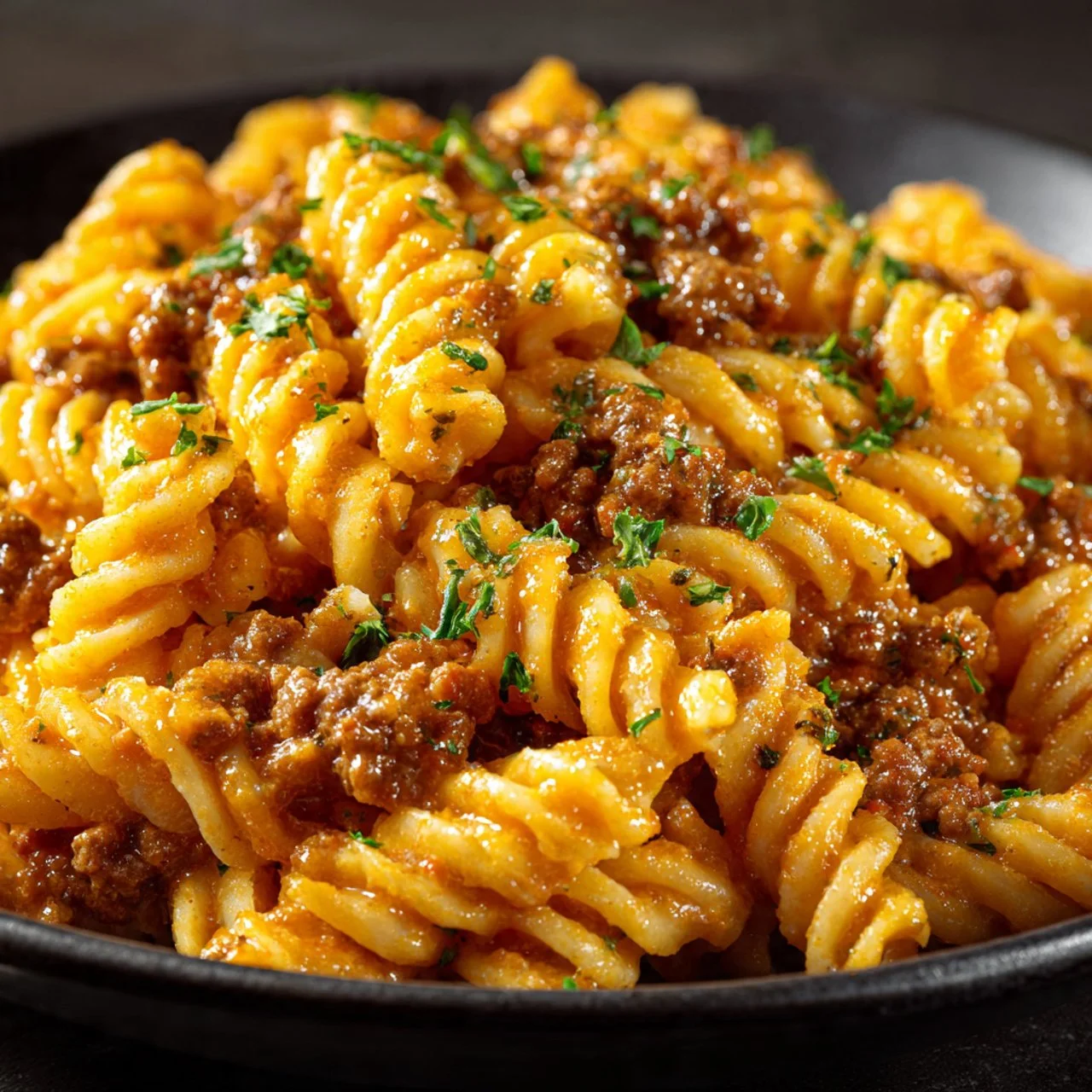 Stovetop creamy ground beef pasta served in a bowl with herbs on top