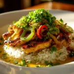 Tangy Honey Lime Chicken with Avocado Rice Stack served on a plate.