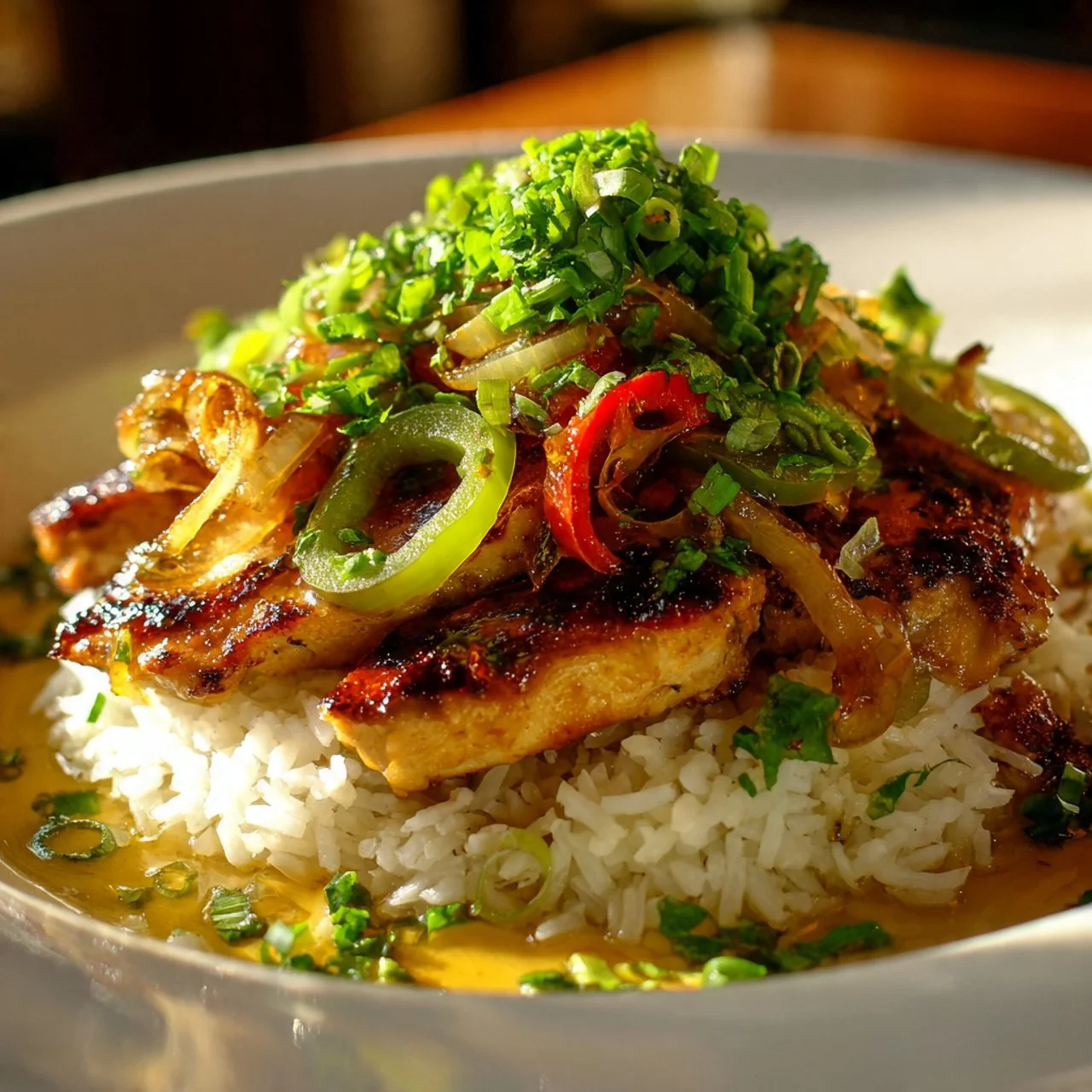 Tangy Honey Lime Chicken with Avocado Rice Stack served on a plate.