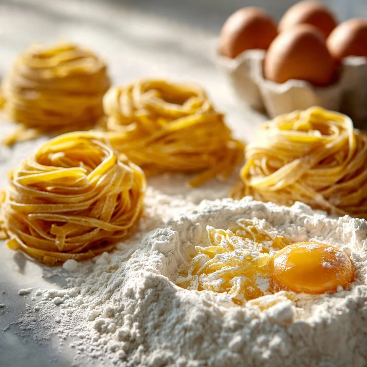 A plate of freshly made sourdough pasta garnished with herbs and cheese.