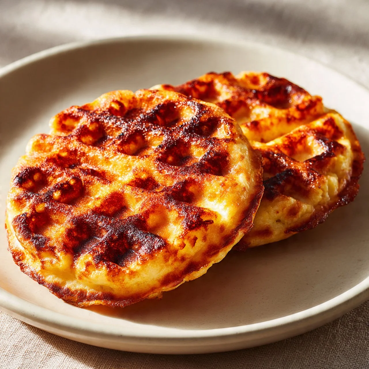Delicious cottage cheese chaffle cooked to perfection on a skillet.