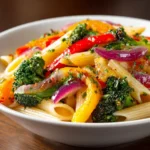 Colorful Vegetarian Pasta Primavera served with fresh vegetables