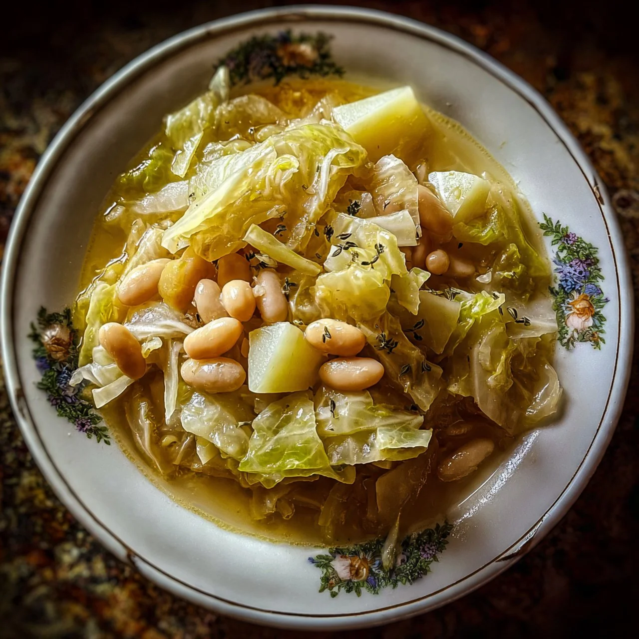 Bowl of White Bean Cabbage Soup with Potatoes on a rustic table