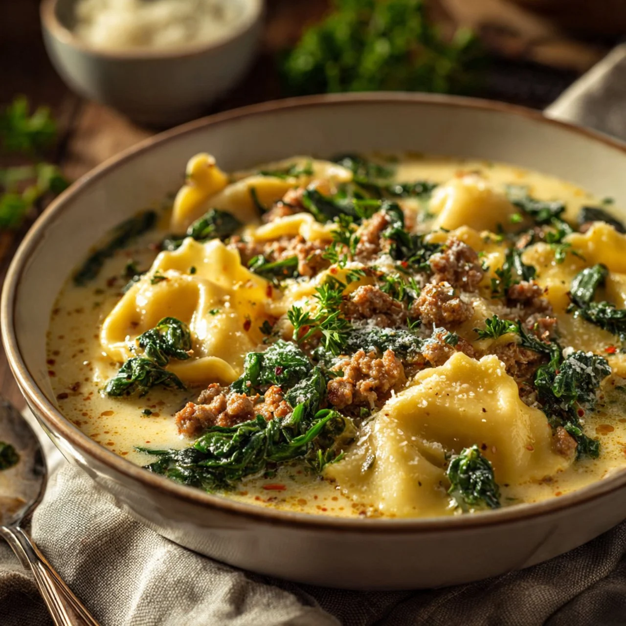 Delicious bowl of White Lasagna Soup with creamy sauce and cheese.