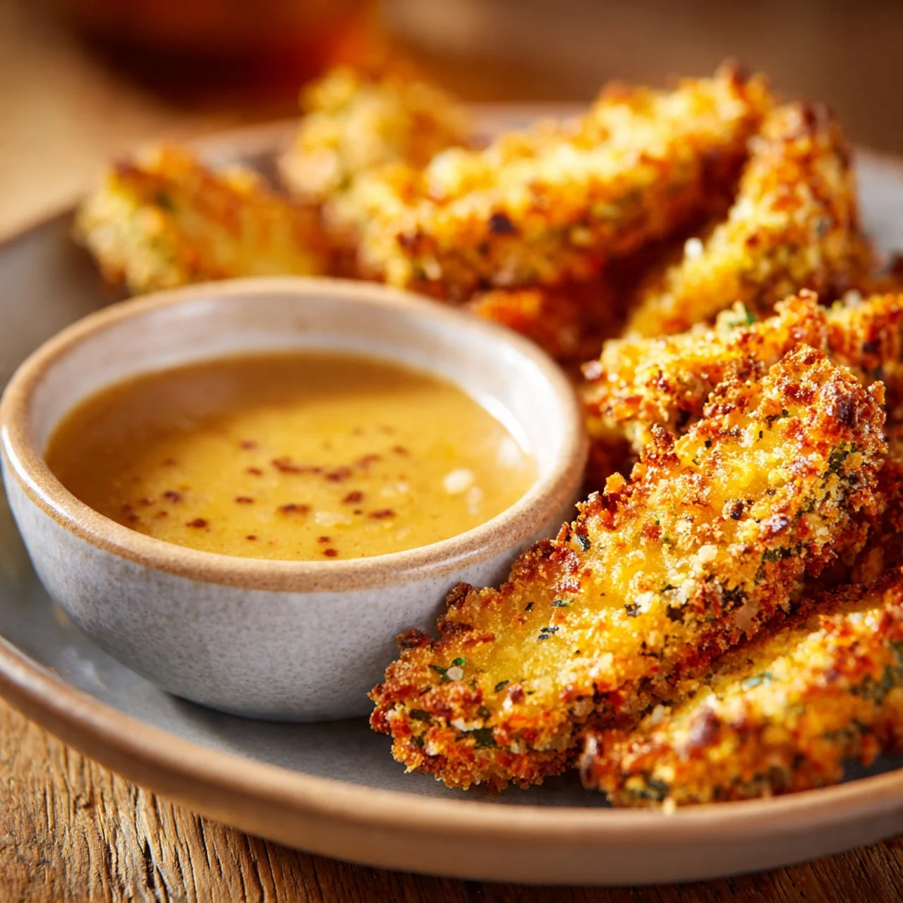 Plate of crispy air fryer fried pickles served with dipping sauce