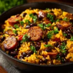 Delicious black beans and rice with sausage served in a bowl.
