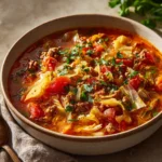 Bowl of delicious cabbage roll soup with beef and rice, garnished with parsley