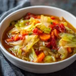 Bowl of healthy cabbage soup with fresh ingredients