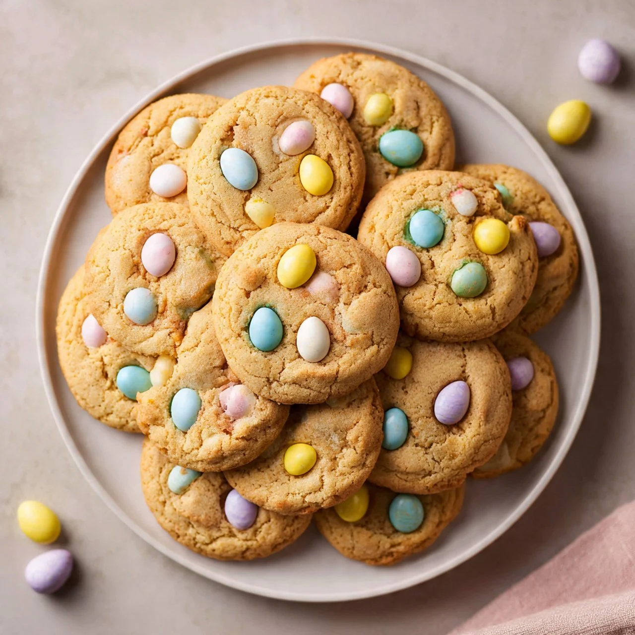 Freshly baked Cadbury Mini Egg Cookies with colorful chocolate eggs