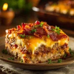 Cheesy Loaded Meatloaf Casserole topped with melted cheese and herbs