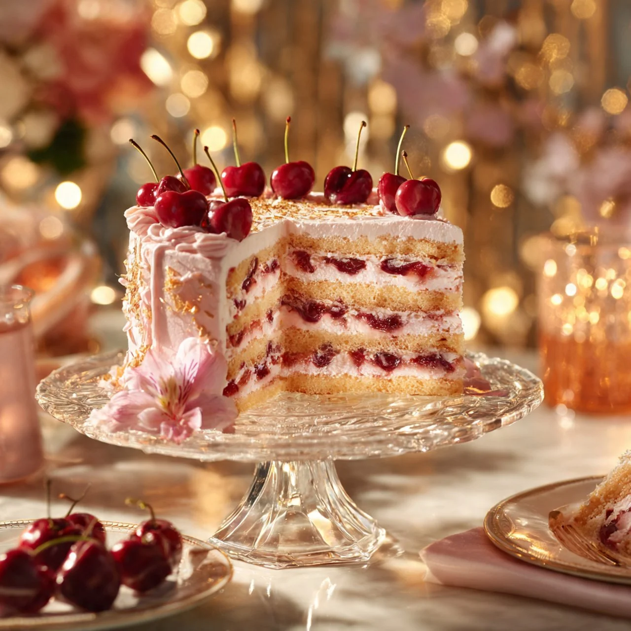 Delicious Cherry Blossom Dream Cake decorated with pink flowers and elegant frosting.