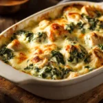 Delicious Chicken Spinach Casserole with Cream Cheese served in a baking dish