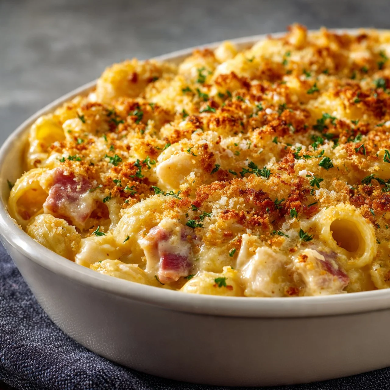 Delicious Chicken Cordon Bleu Casserole topped with melted cheese and herbs