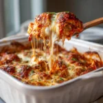 Chicken Parmesan Casserole baked dish topped with cheese and herbs