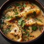 Bowl of comforting Thai Potsticker Soup with dumplings and fresh herbs