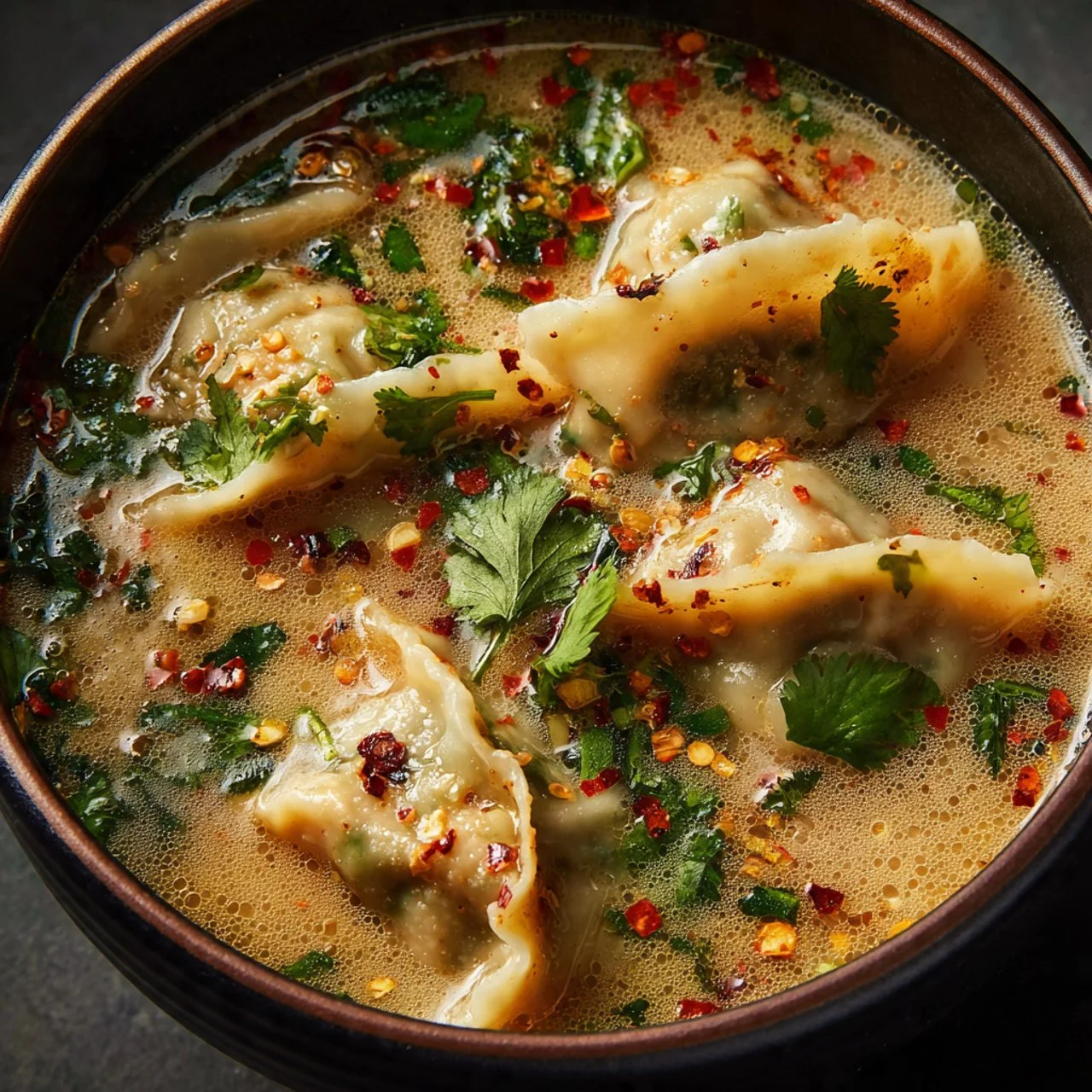 Bowl of comforting Thai Potsticker Soup with dumplings and fresh herbs