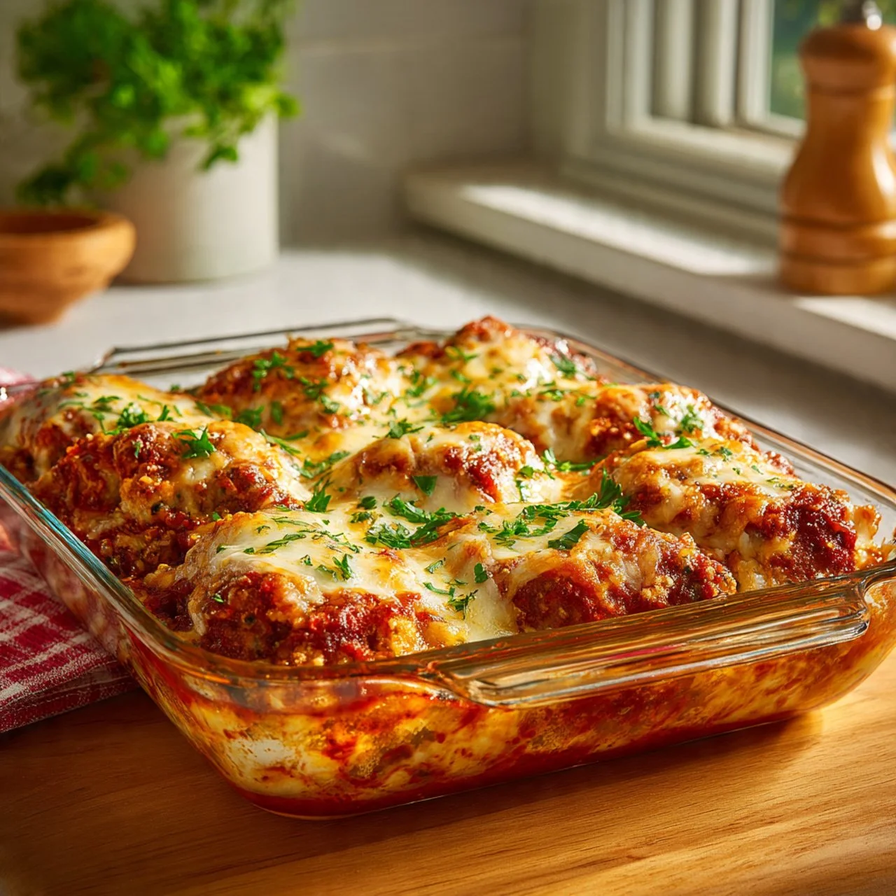 Cottage Cheese Chicken Parmesan Bowl garnished with herbs and served in a bowl
