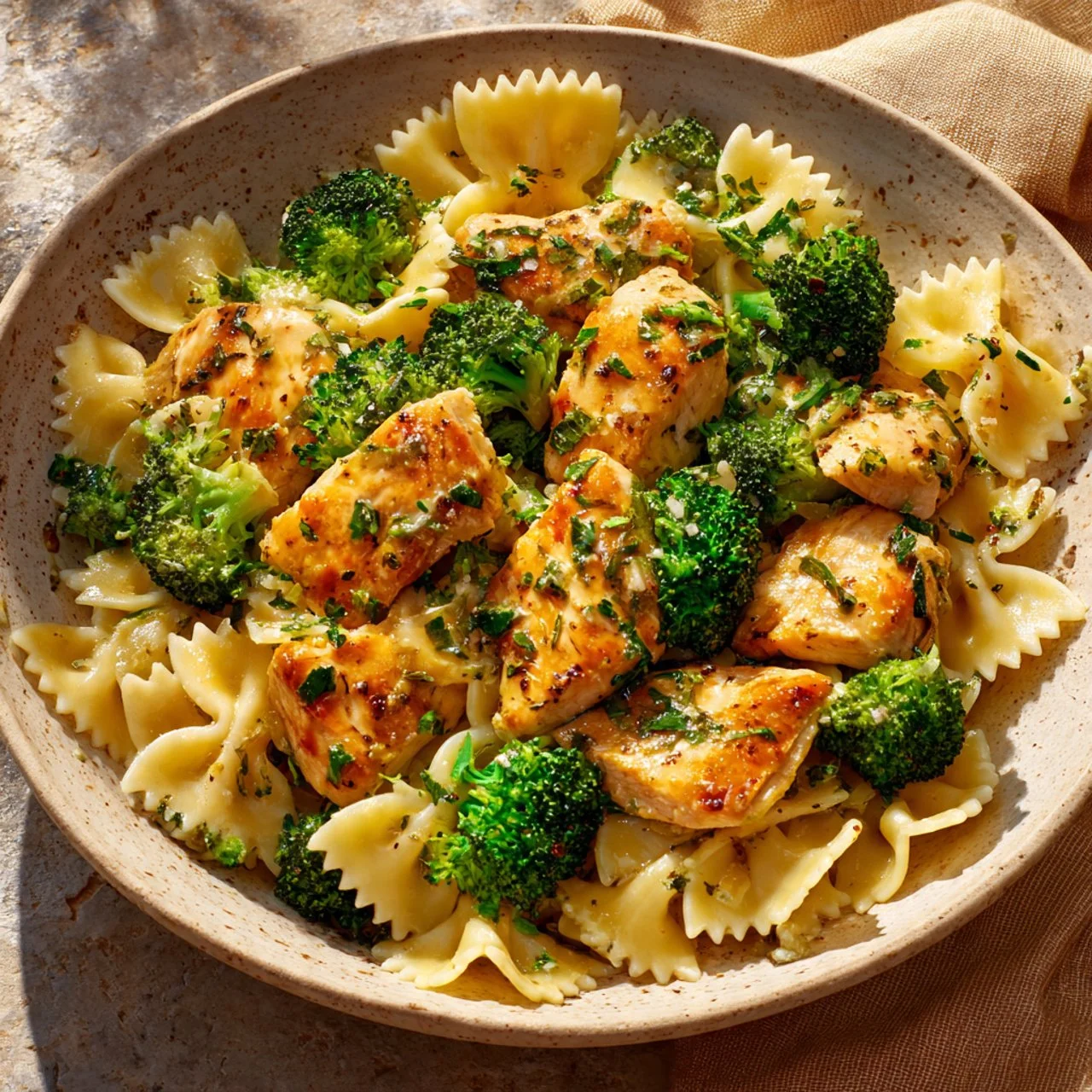 Cowboy Butter Lemon Bowtie Chicken served with broccoli on a plate