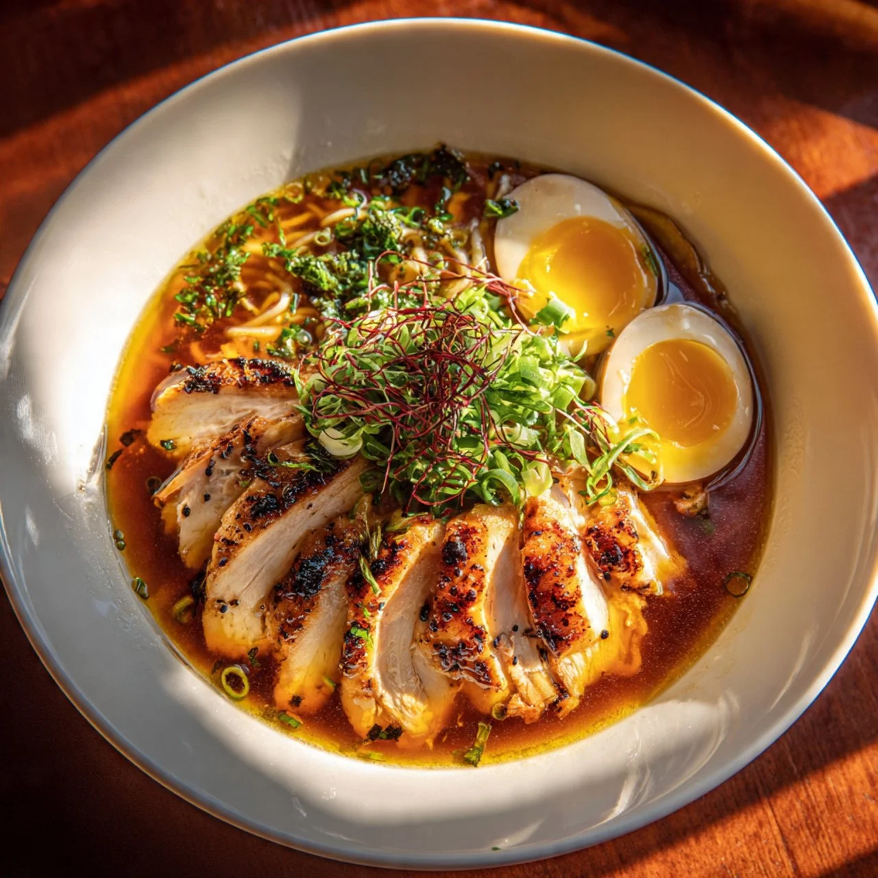 Creamy garlic chicken ramen bowl with fresh herbs and toppings