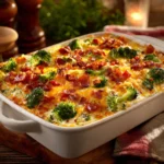Creamy low carb chicken casserole served in a baking dish with colorful veggies