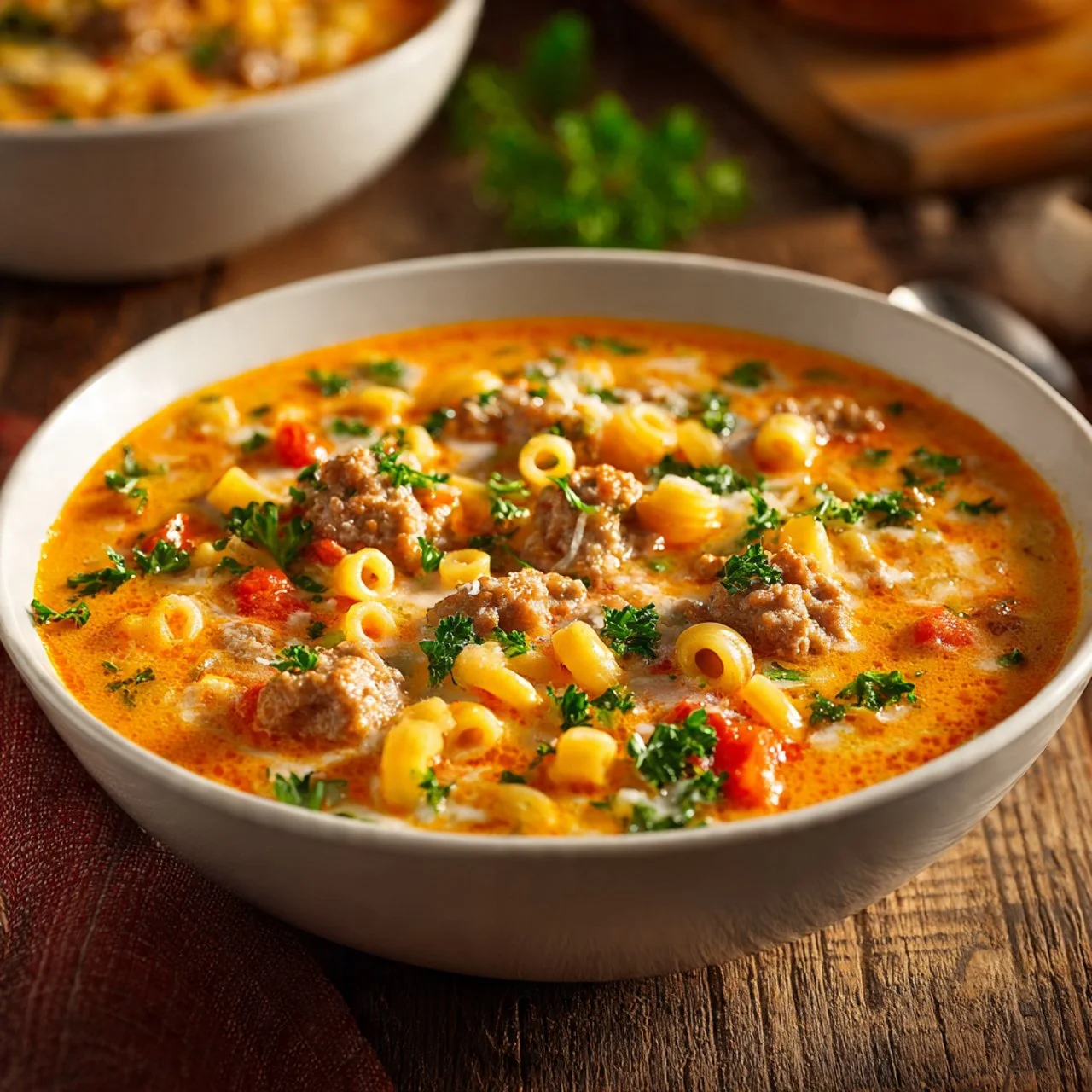 Creamy Parmesan sausage soup with ditalini pasta and fresh herbs