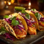 Crispy fish tacos with cilantro lime slaw served on a plate.