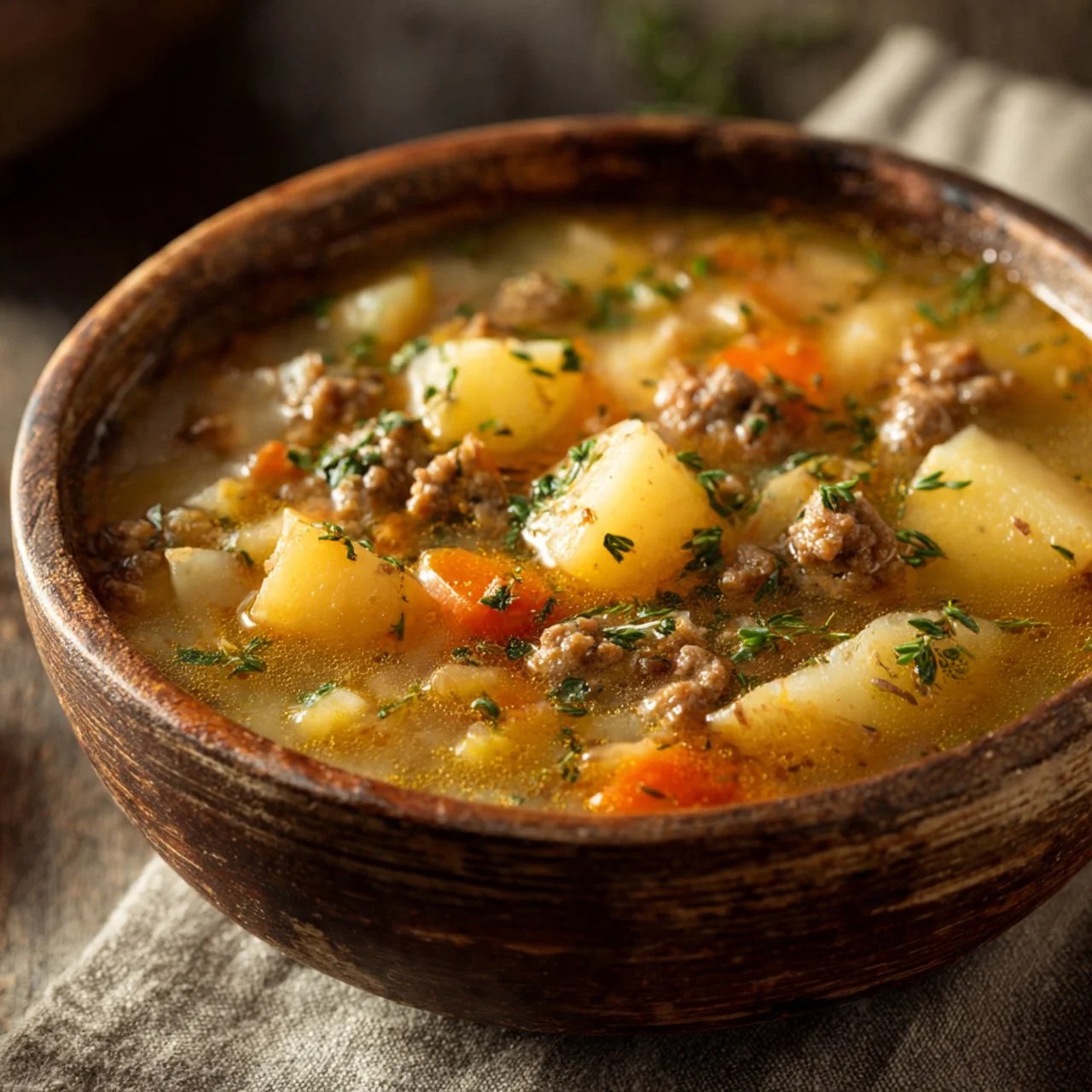 Crockpot creamy potato and hamburger soup served in a bowl with fresh herbs.