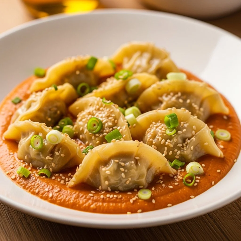 Viral one pan dumplings freshly baked and ready to serve on a plate.