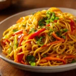 Bowl of easy 15-minute Lo Mein with vegetables and chicken, ready to enjoy.