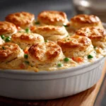 Easy homemade chicken pot pie casserole ready to serve.