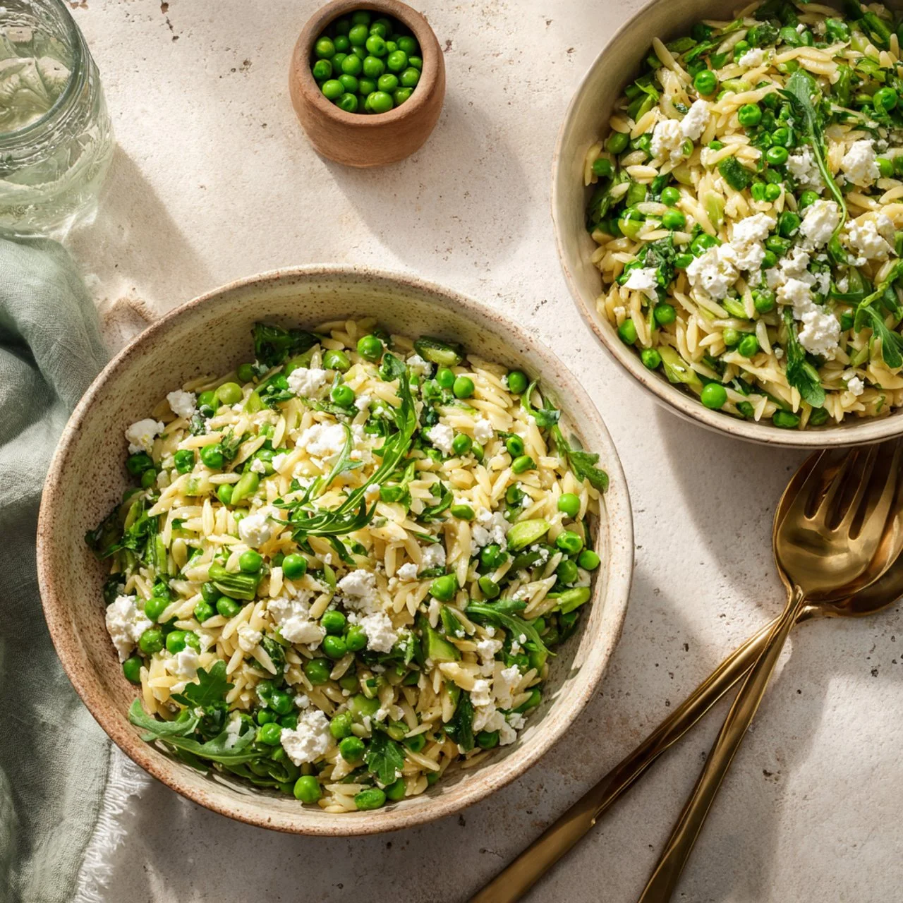 A colorful bowl of Easy Spring Orzo Pasta Salad filled with fresh vegetables.